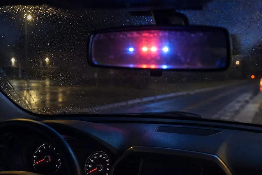 Red and blue patrol lights reflected in a rearview mirror during a nighttime traffic stop