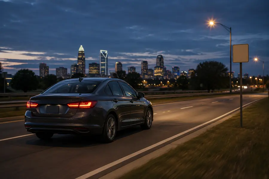 Dark sedan traveling toward the Charlotte skyline at dusk